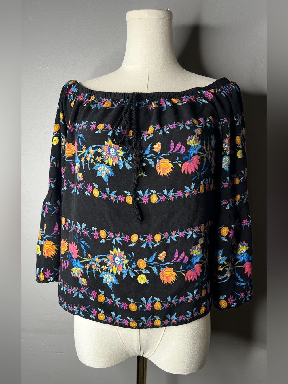 Flying Tomato Black Colorful Floral Off-Shoulder Peasant Boho Blouse Size Large